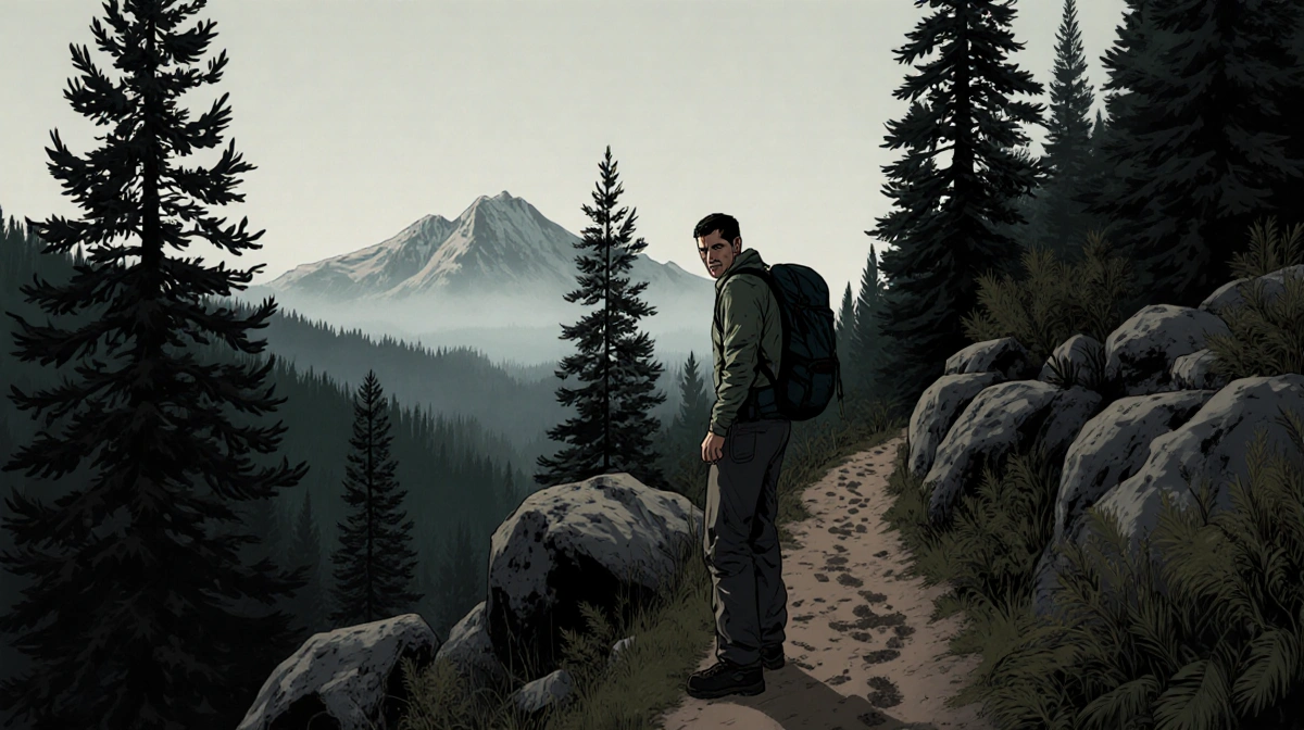 Hiker looking back over shoulder on a Colorado mountain trail with evergreen trees and boulders and misty mountains