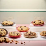 Colorful cookies arranged in modern bakery case with soft natural light and scattered crumbs at base