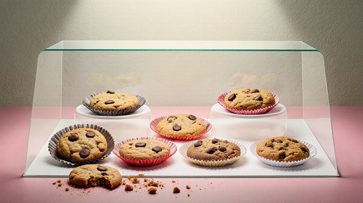 Colorful cookies arranged in modern bakery case with soft natural light and scattered crumbs at base