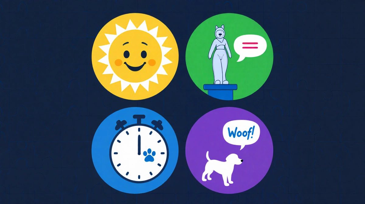 Four puzzle hints circle around a grid with a smiling sun and an animal statue and a clock paw and a dog silhouette