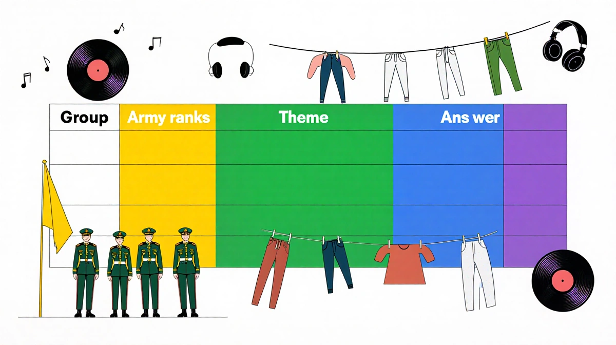 Soldiers standing before a flag with a table in yellow green blue purple sections and vinyl records nearby.
