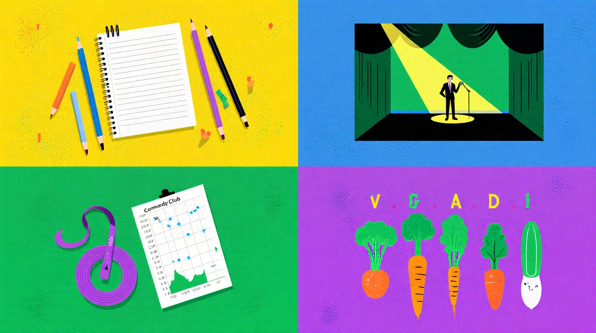 Table shows yellow notebook with pens and green stage with spotlight.