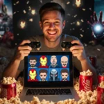 Comedian laughs while gaming with laptop showing Iron Man memes and popcorn scattered around