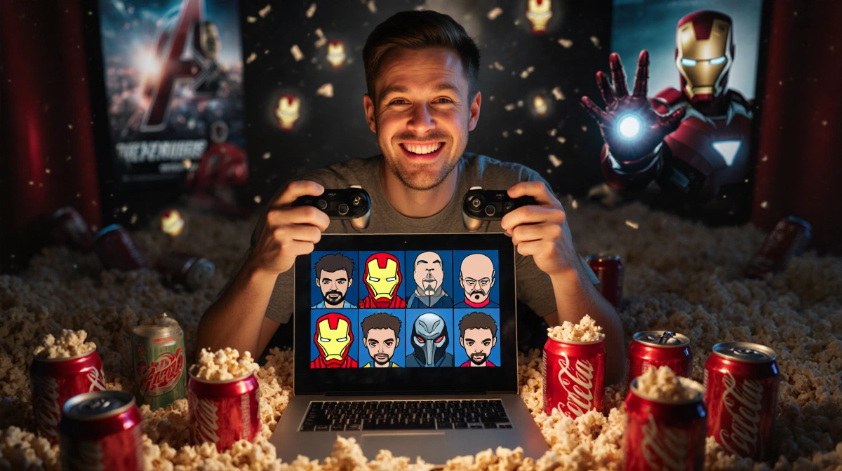 Comedian laughs while gaming with laptop showing Iron Man memes and popcorn scattered around