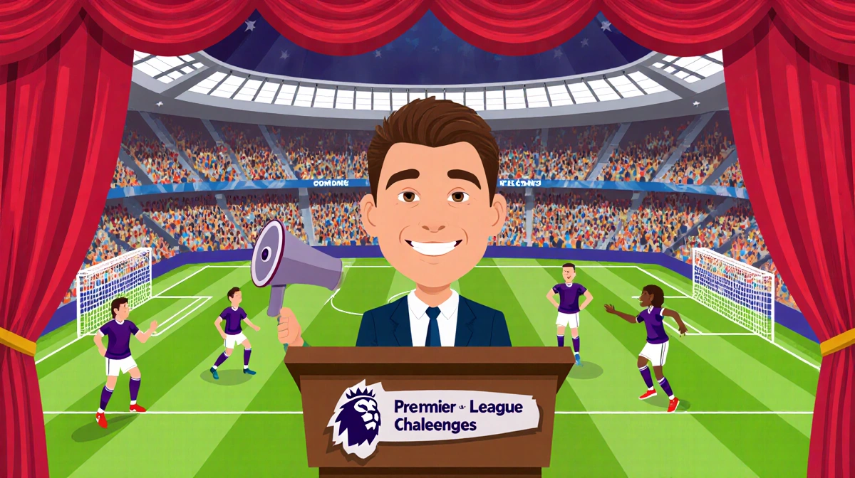 Smiling football coach Ted Lasso addresses audience with comedy club stage and stadium backdrop