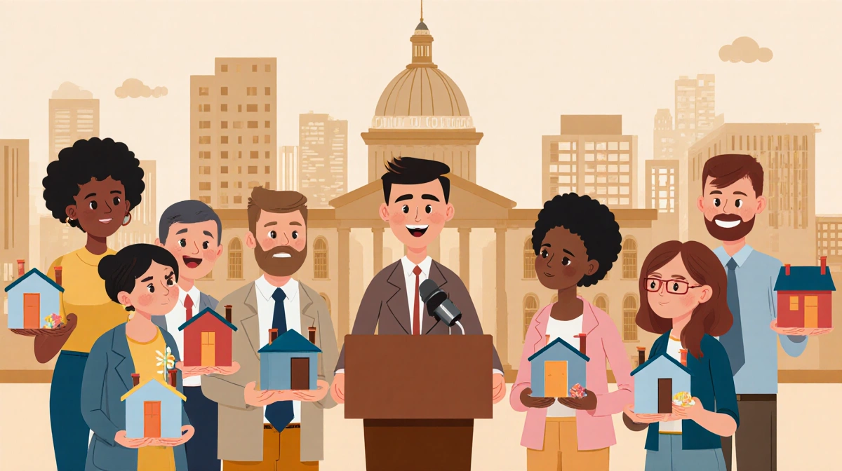 Community members stand at podium with colorful model houses and city hall background showing unity