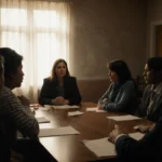 Parents and school officials discussing school concerns around table with papers and soft window light
