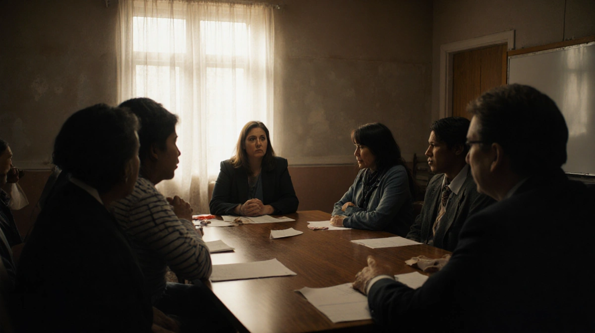Parents and school officials discussing school concerns around table with papers and soft window light