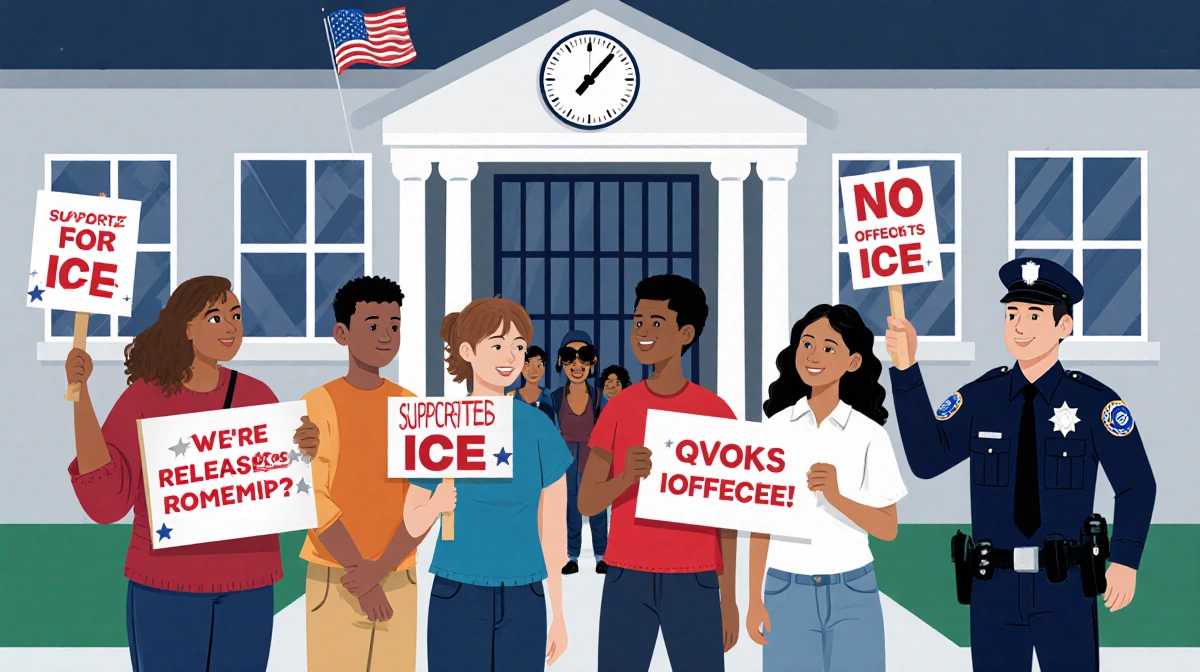 Protesters and supporters face off outside detention center with opposing signs and police officer watching