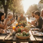 People sharing a meal at a weathered wooden table with local produce and handmade crafts in a sunlit community street