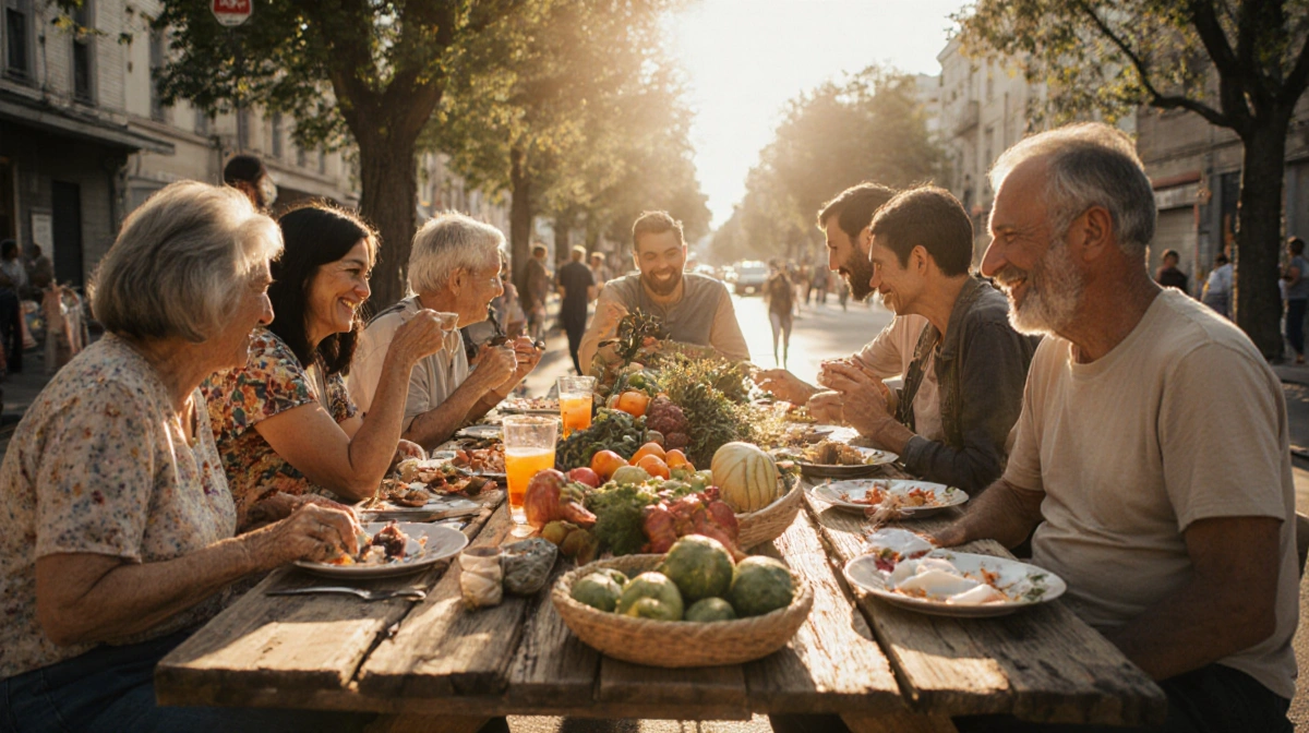 People sharing a meal at a weathered wooden table with local produce and handmade crafts in a sunlit community street
