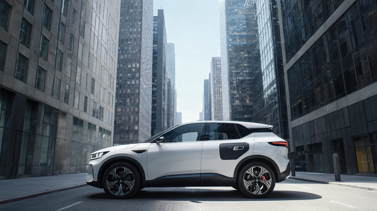 Compact electric SUV parked between skyscrapers with small battery pack showing 280 mile range