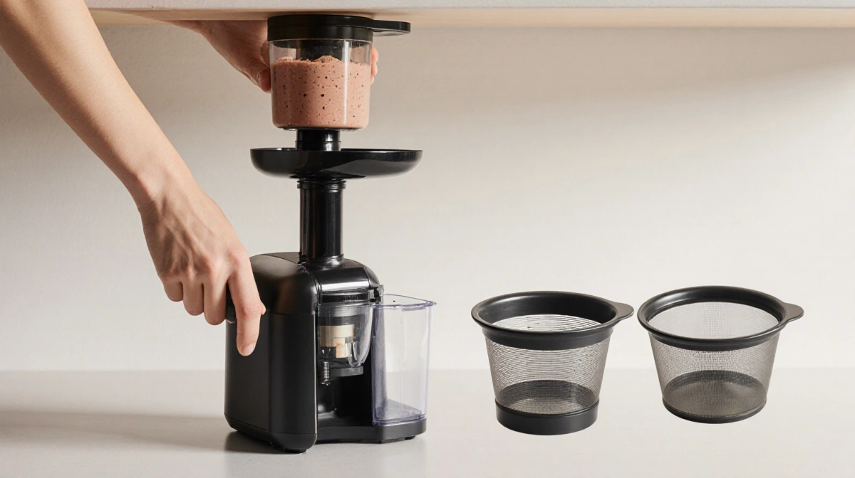 Hand releasing smoothie into compact juicer under counter with dual strainers visible