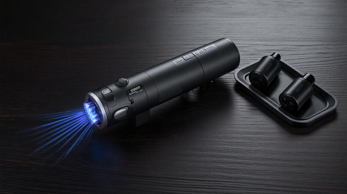 Massage gun resting with 1.5-lb weight on dark surface and speed knobs around device QuietGlide effect curves from head.