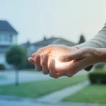 Hands cradle a wrist with a warm glow from the palm against a blurred suburban backdrop showing a home and park