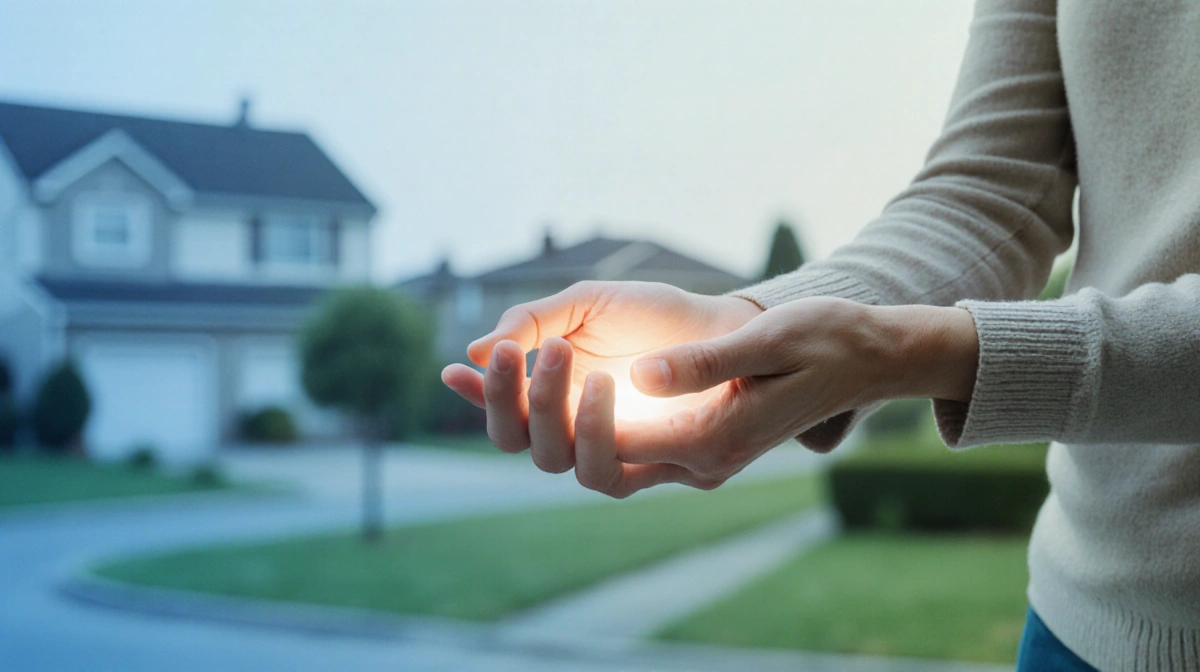 Hands cradle a wrist with a warm glow from the palm against a blurred suburban backdrop showing a home and park