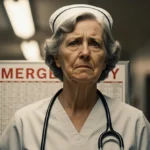 Experienced nurse reviewing patient chart with stethoscope and scrubs showing hospital background