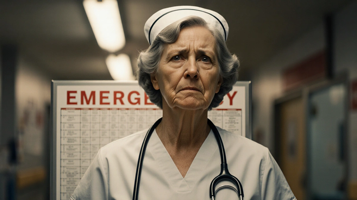 Experienced nurse reviewing patient chart with stethoscope and scrubs showing hospital background