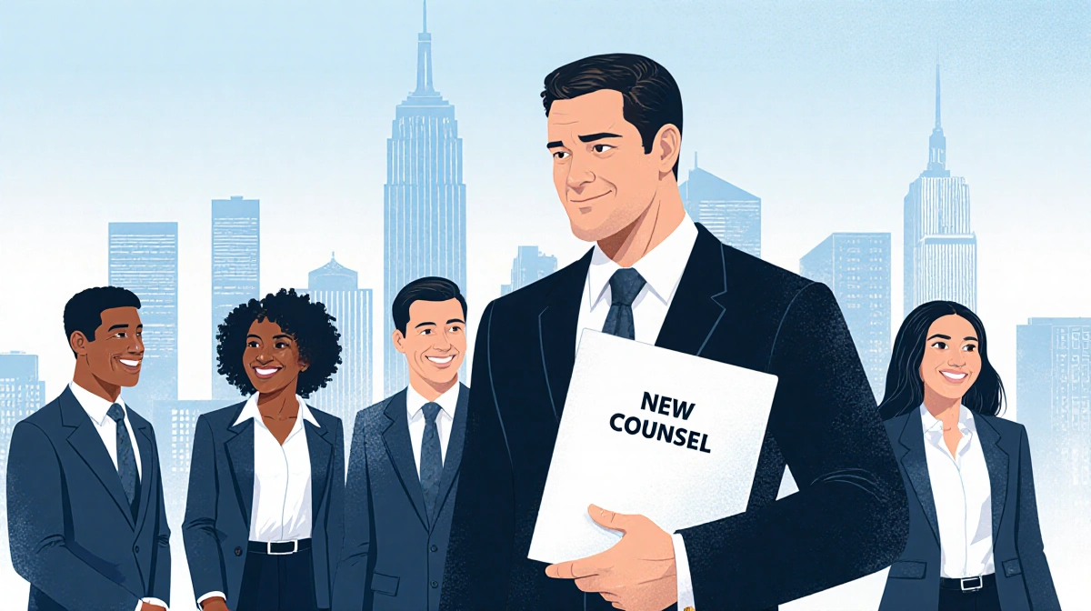 Confident lawyer Alan Jackson holds New Counsel folder with public defenders smiling and nodding in agreement against blue gr