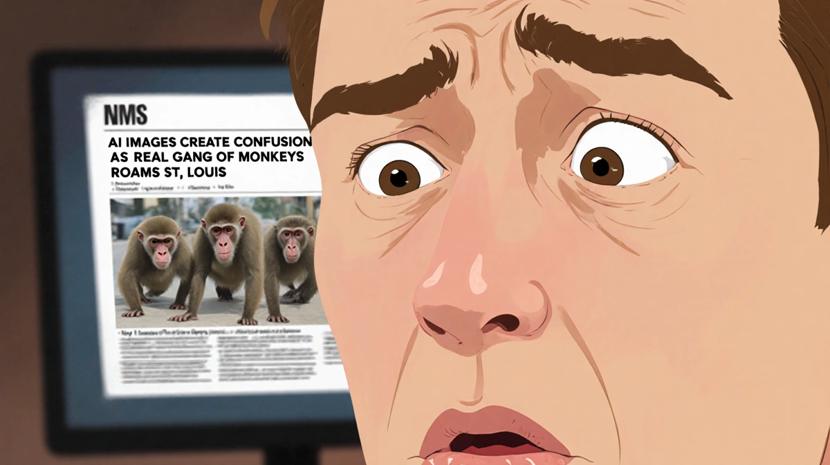 Person looks confused at news headline about AI monkey images with blurred background showing article text
