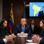 Lawmakers clasping hands at a hearing table with Venezuelan flag behind and a screen displaying a South America map.
