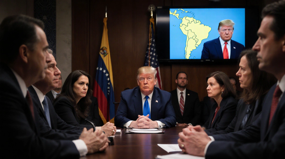 Lawmakers clasping hands at a hearing table with Venezuelan flag behind and a screen displaying a South America map.