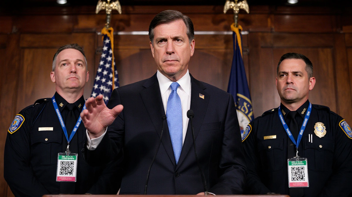 Congressman gestures toward American flag with ICE agents wearing QR code badges showing tension during immigration policy an