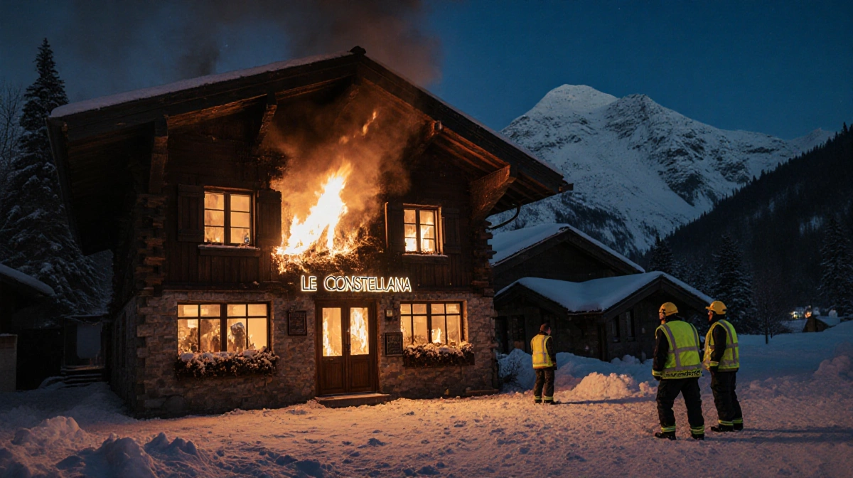 Charred Le Constellation bar flames licking windows with emergency responders in yellow vests near snowy mountains.
