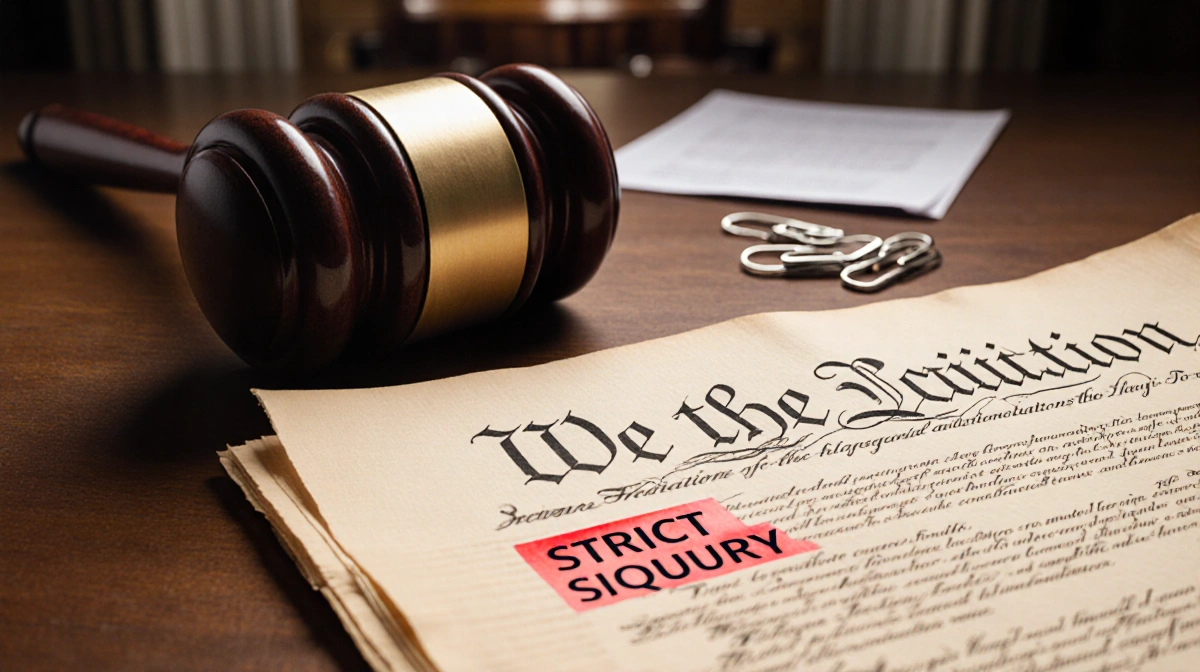 Supreme Court gavel rests on Constitution with red pen marking strict scrutiny clause and legal documents behind