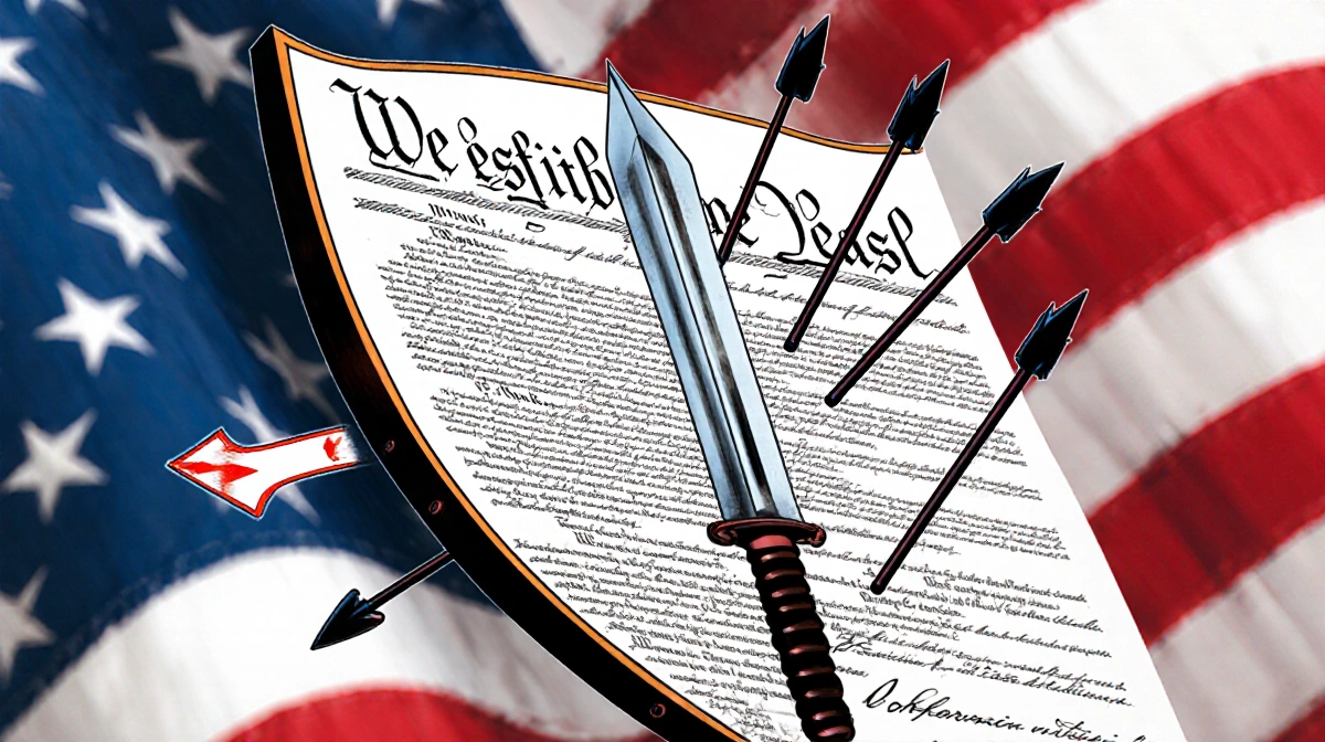 Constitution shield pierced by arrows with blurred American flag behind showing presidential power clash