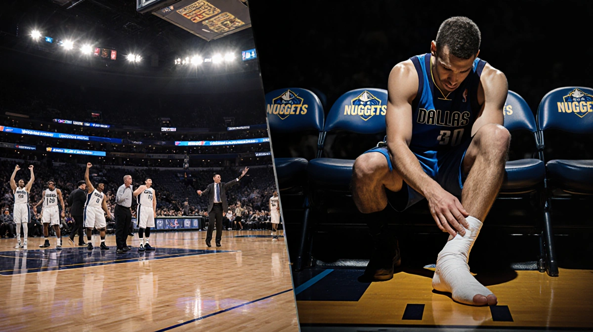 Cooper Flagg sits on Mavericks bench with bandaged ankle and Nuggets coach gesturing across empty court