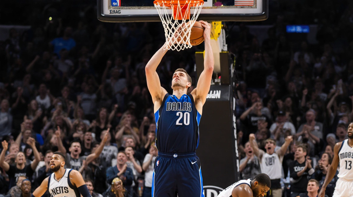Cooper Flagg shooting three-pointer with Mavericks logo overhead and bench celebrating behind