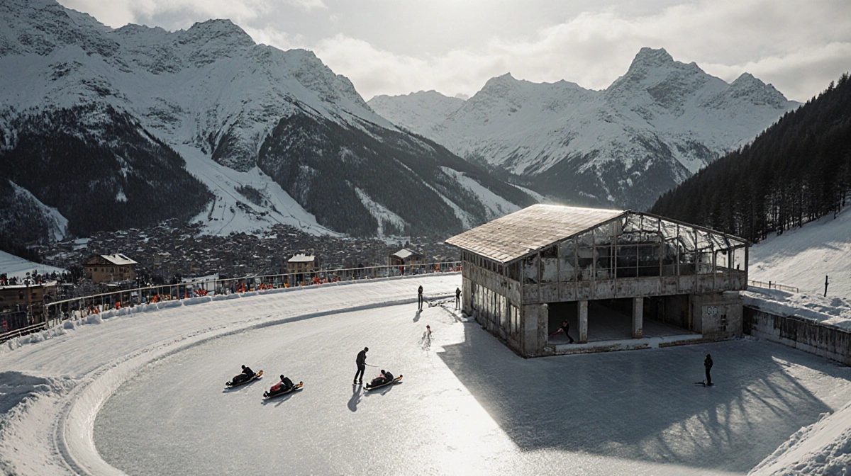 Skier descending alpine slope with modern Cortina Sliding Center and snow-capped peaks in background