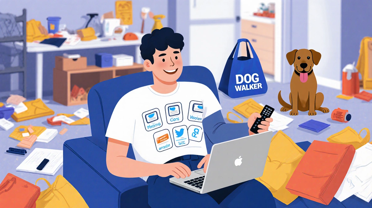Person smiling on couch with laptop and remote navigating task management apps amid clutter dog walker bag in background.