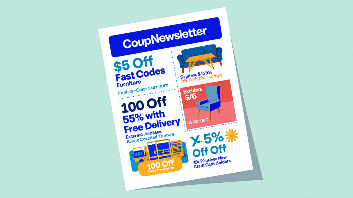 Illustration of coupon newsletter showcasing promo codes with bold savings text and vibrant colors