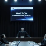 Judge presides over courtroom with glowing screen showing Macron Cyberbullying Verdict and solemn jurors in background
