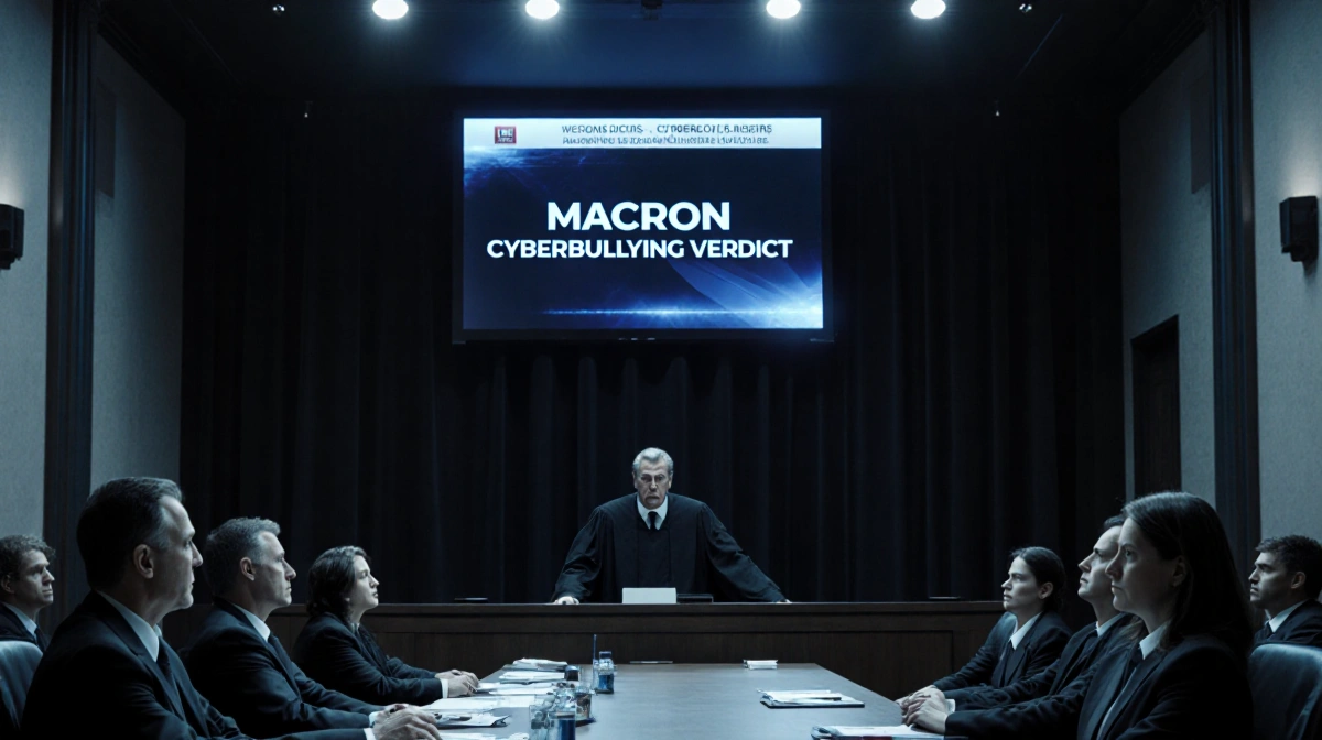 Judge presides over courtroom with glowing screen showing Macron Cyberbullying Verdict and solemn jurors in background