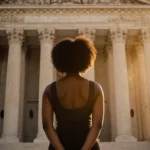 Young African American woman gazes up at historic courthouse with clasped hands showing determination and hope