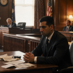 Adrian Gonzales sits at the defense table with his hands clasped in a tense courtroom with a visible jury box.