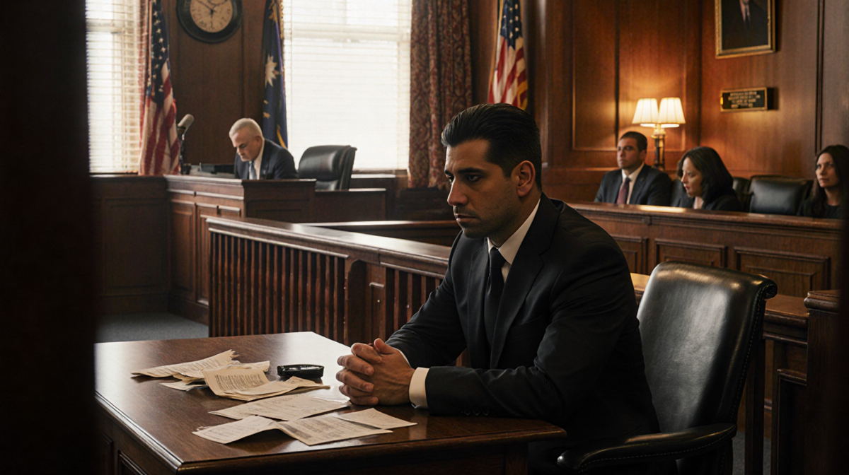 Adrian Gonzales sits at the defense table with his hands clasped in a tense courtroom with a visible jury box.
