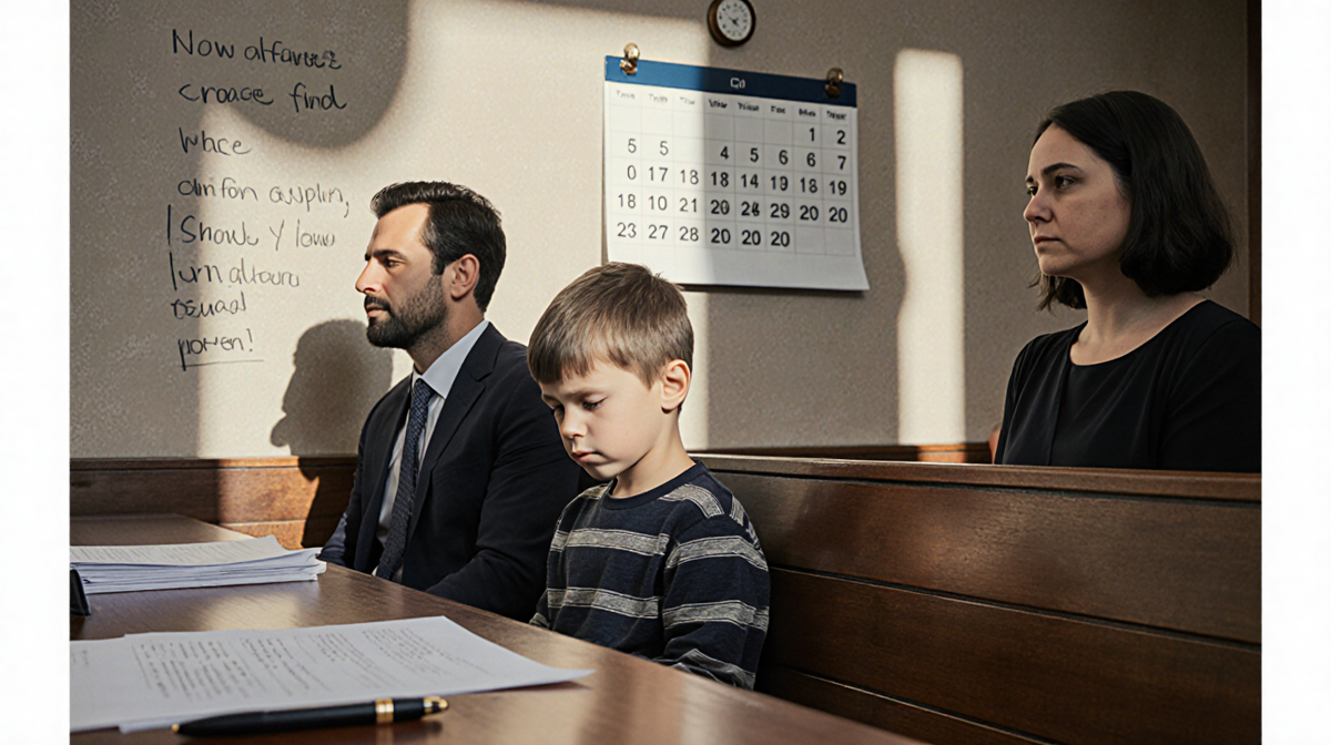 Young boy sitting on courtroom bench with father and social worker looking down while judge's desk with papers stands nearby