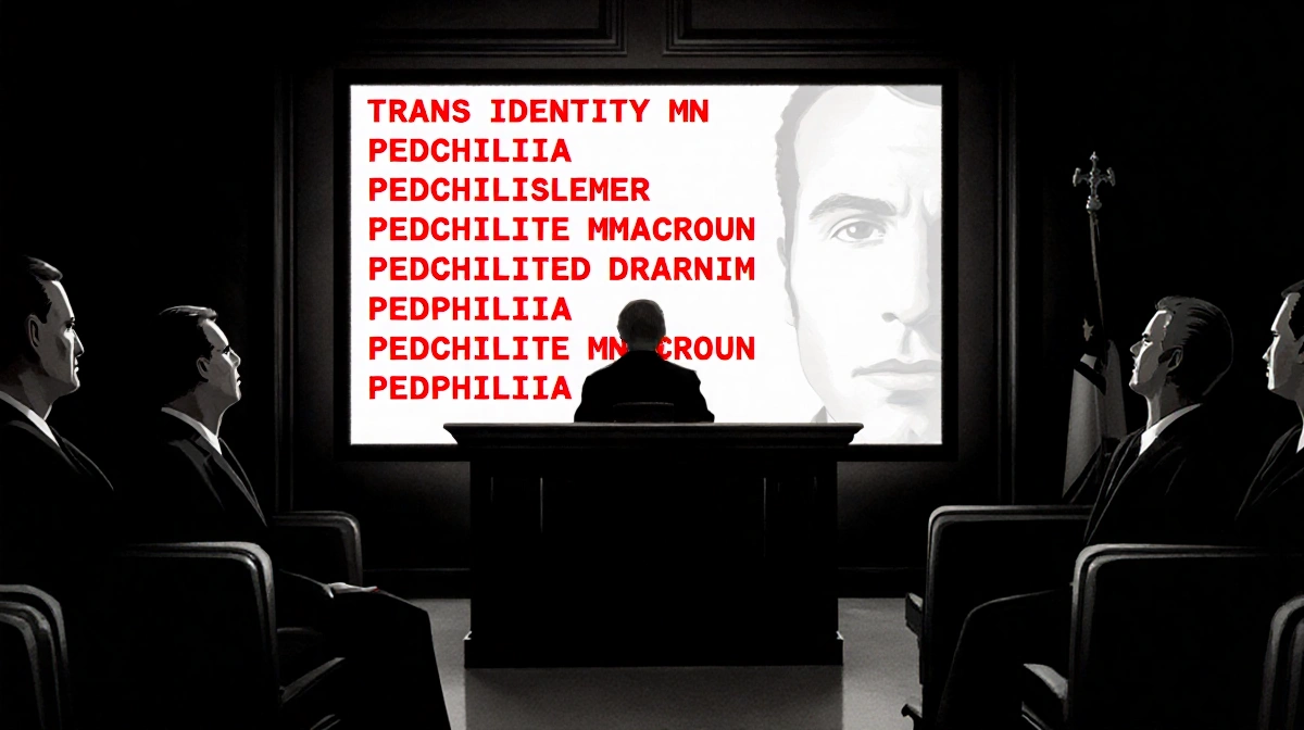 Judge's bench sits central in dim courtroom with jurors and scrolling hateful comments about Brigitte Macron on screen.