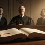 Judge presiding over courtroom with Meta and state lawyers and redacted book on table