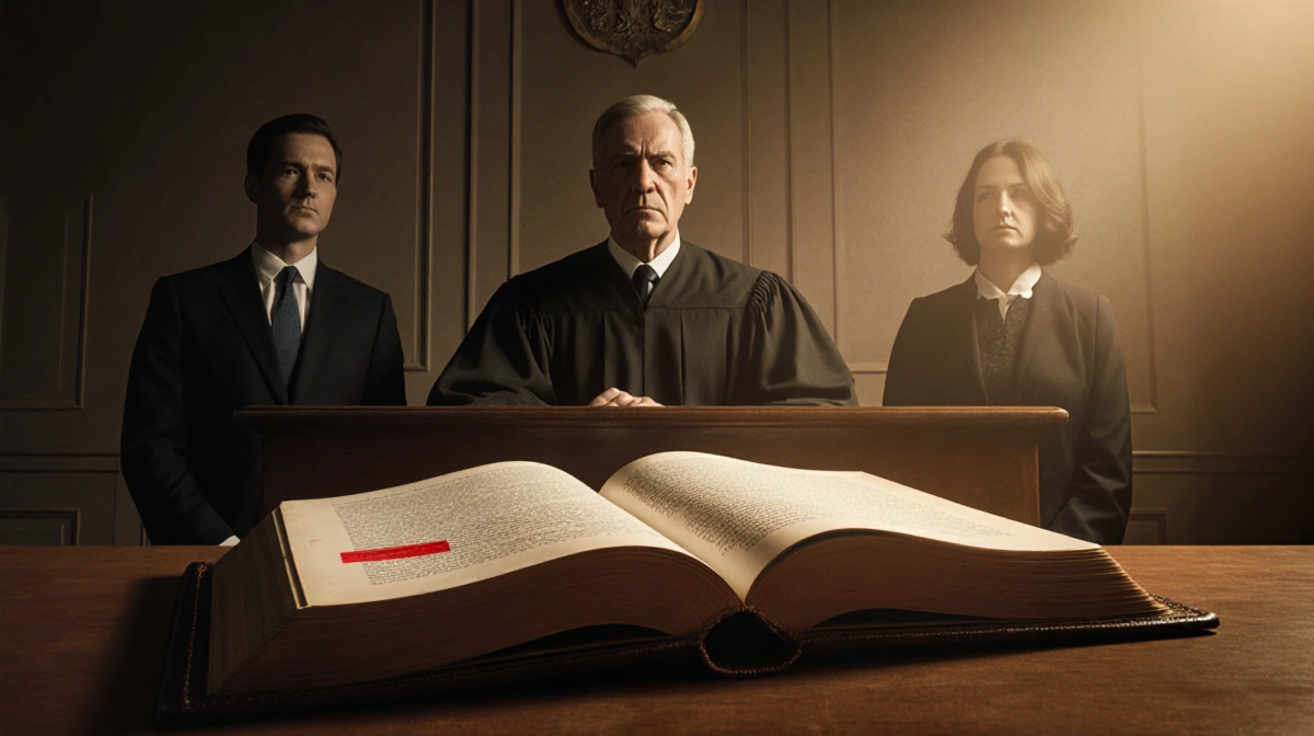 Judge presiding over courtroom with Meta and state lawyers and redacted book on table