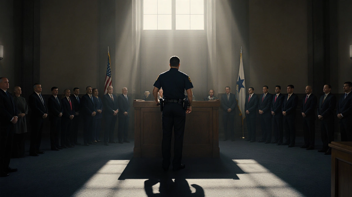 Police officer stands at podium with judge