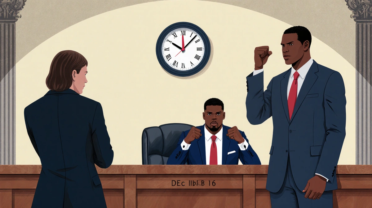 Stefon Diggs stands with fists clenched in courtroom with employee seated and lawyer gesturing and Dec 16 date in background