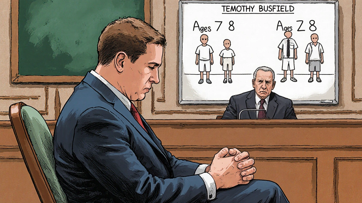 Timothy Busfield seated with bowed head and clasped hands in courtroom with stern judge and diagram of boys covering areas