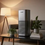 Coway Airmega Mighty air purifier sits on coffee table with green plants and books in cozy living room