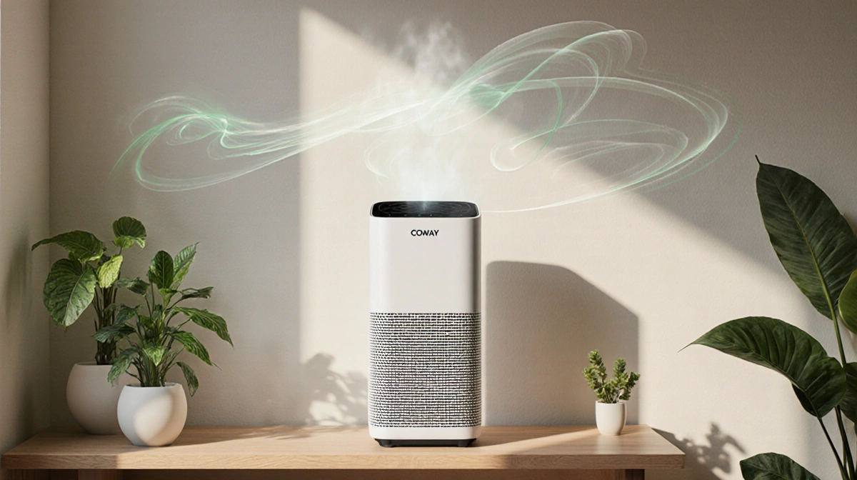 Coway Airmega Mighty air purifier cleanses room with gentle mist and lush green plants nearby