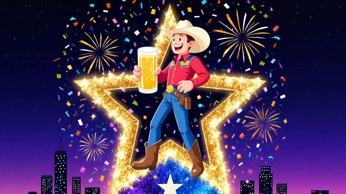 Cowboy standing on glittering star hat holding sparkling cider with confetti and fireworks and faint Dallas skyline